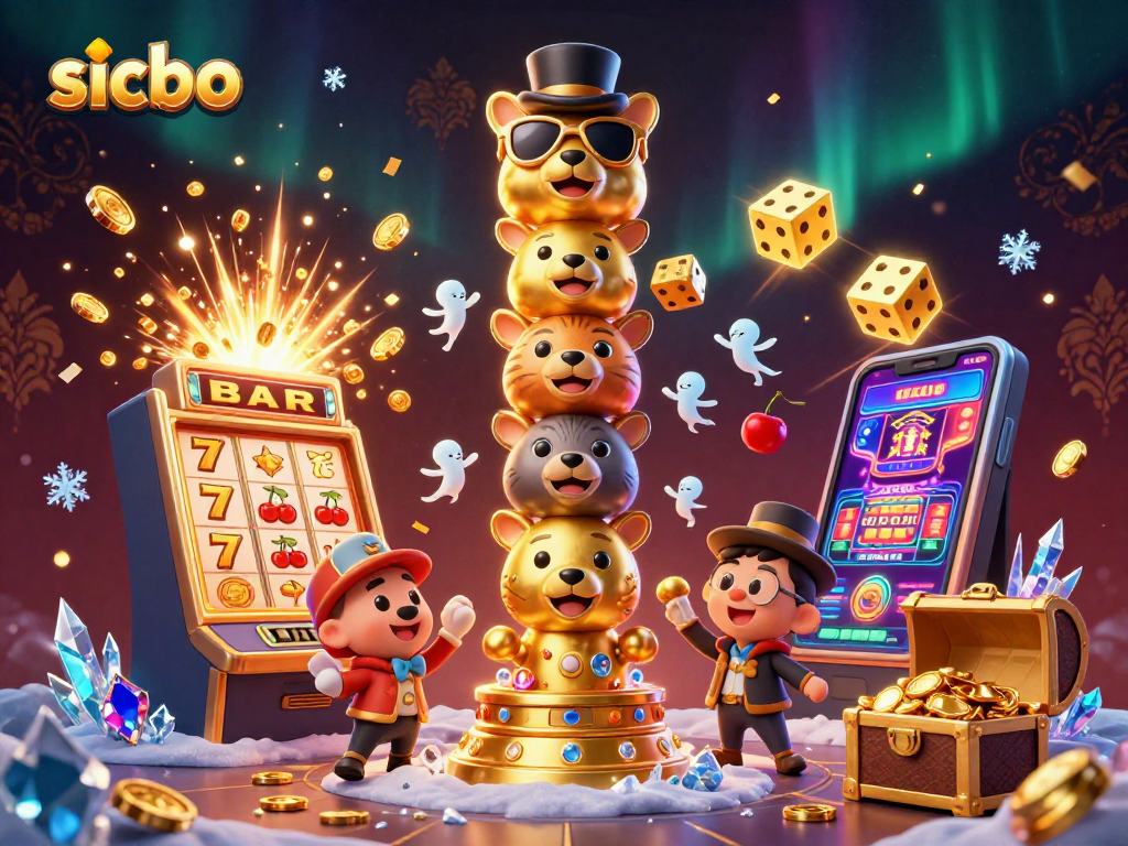 Experience the thrill of sicbo with vibrant slot machines and golden totem poles in a lively casino scene.