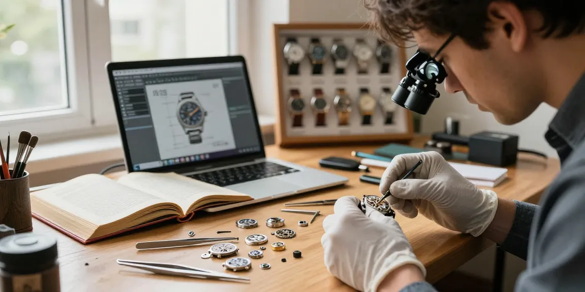 Technician working on 2235 movement parts in luxury watch workshop, showcasing intricate tools and components.