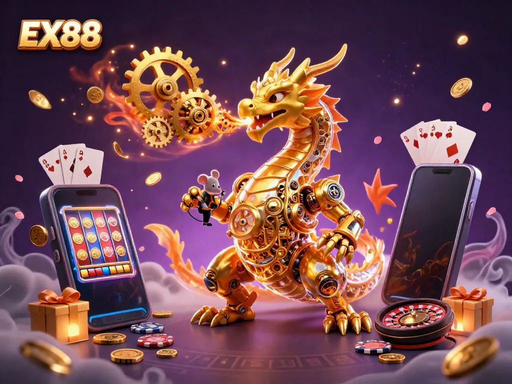 Engage in dynamic gaming with EX88's vibrant dragon and slot game scene.