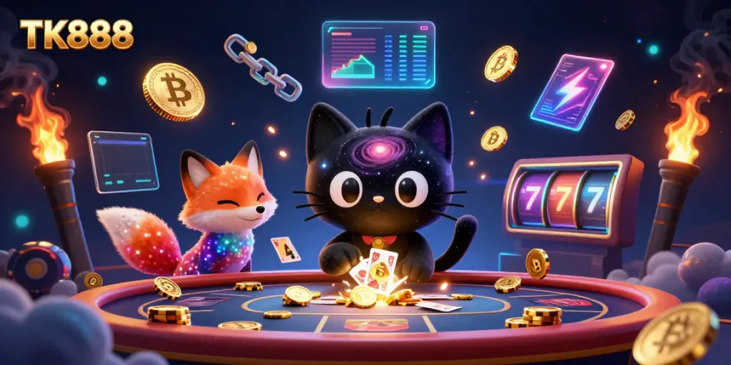 Win big with TK888 in a vibrant cosmic casino, featuring a black hole cat and fox companion.