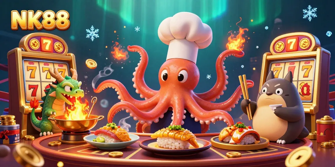Experience NK88's vibrant casino scene with a sushi chef octopus and dragon amidst golden reels and tokens.