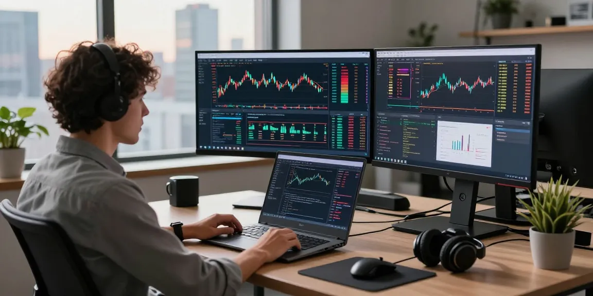 Developer using India stock real-time API in a modern workspace with multiple monitors and financial data.
