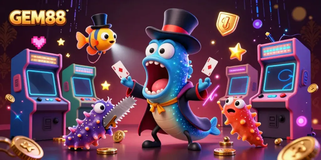 GEM88 enchants players with a magical underwater scene of a gulper eel performing card tricks, surrounded by arcade game excitement.