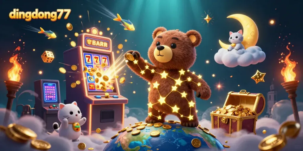 Experience the thrill of winnings at dingdong77 with a vibrant casino-themed illustration featuring slot machines, coins, and whimsical characters.