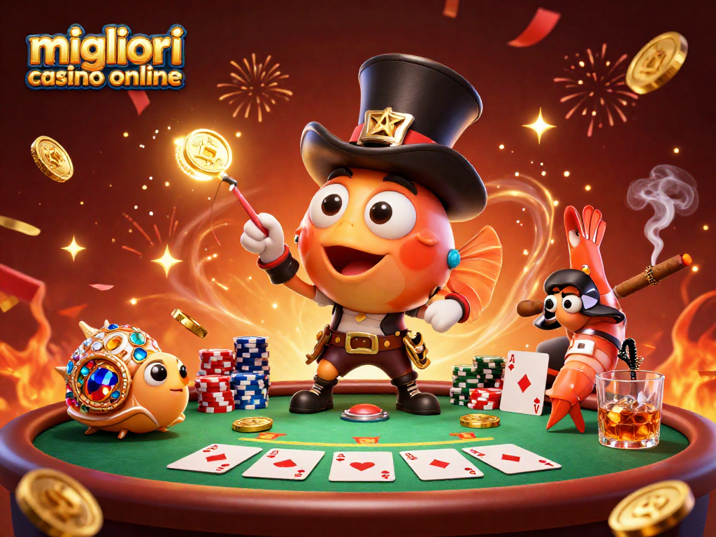 Scopri i migliori casinò online con un divertente pesce angler in un cappello a cilindro e un gamberetto pirata.