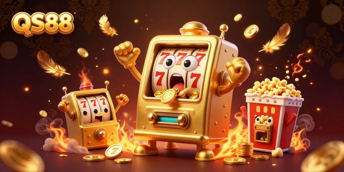 QS88 slot machine hitting a jackpot with coins overflowing, surrounded by cheering baby slots and popcorn machine.