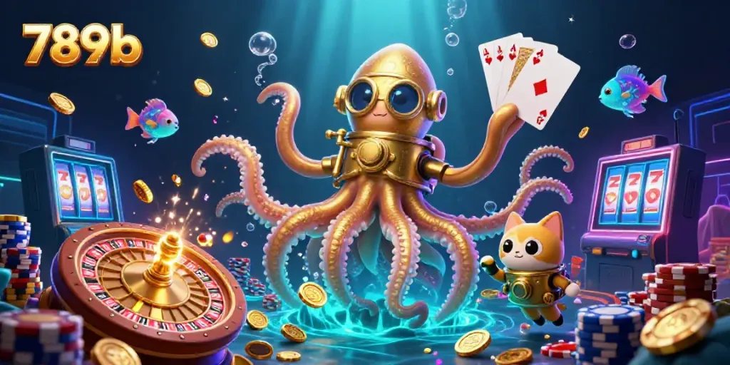 Win big with 789b at an exciting underwater casino scene featuring vibrant characters and games.