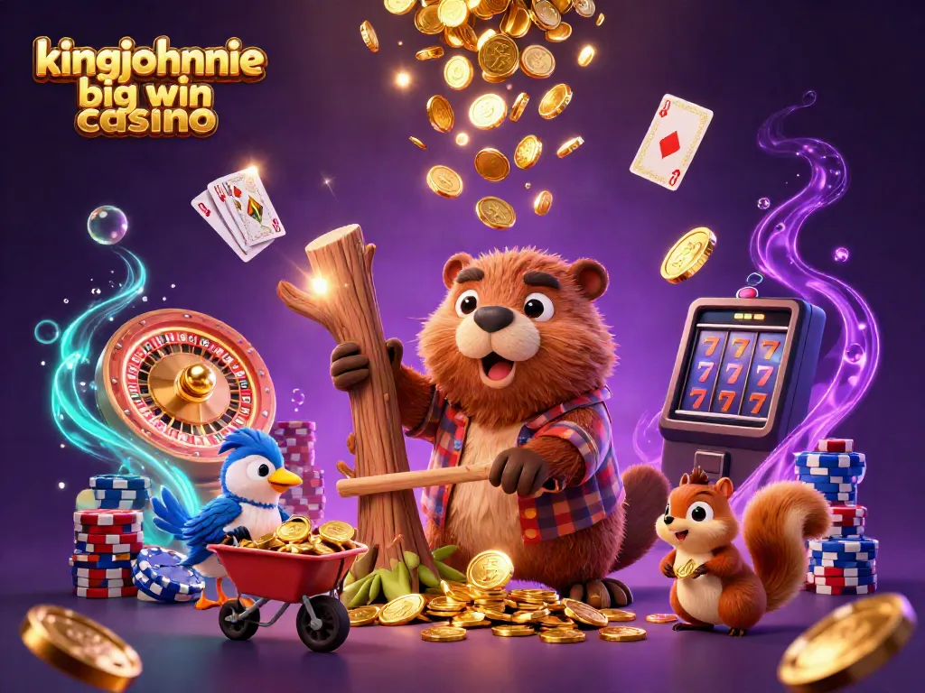 Spin to win at kingjohnnie big win casino with gold coins raining down and a lively cartoon scene.