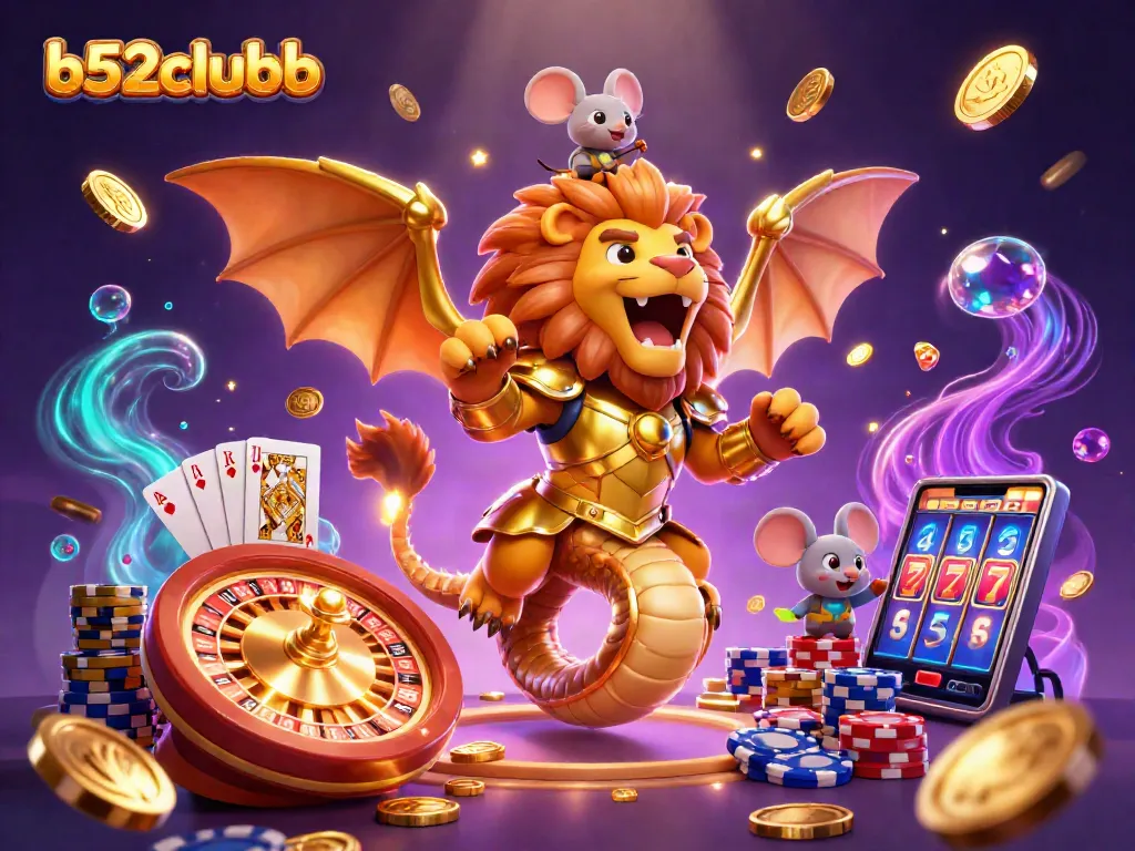 B52clubb brings excitement with a roaring chimera creature, golden coins, and vibrant casino elements.