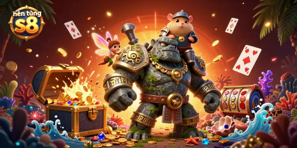 Experience the magic of nền tảng s8 with a dynamic scene of a stone golem guardian and friends surrounded by treasures.