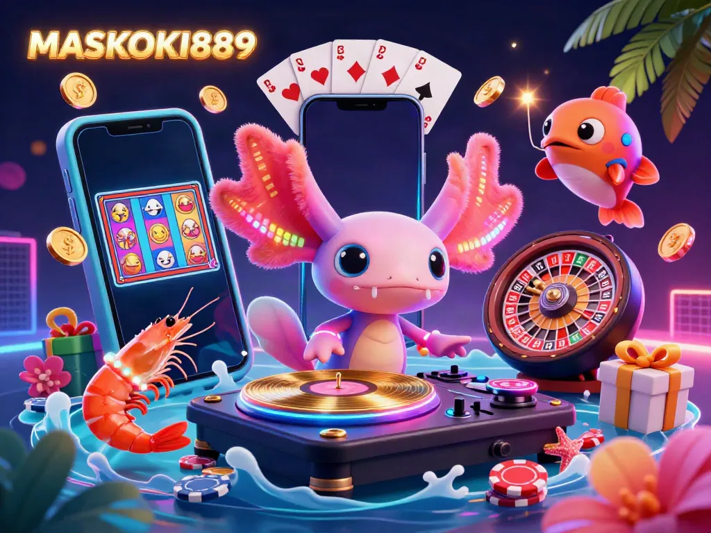 Experience the vibrant energy of MASKOKI889 with a neon axolotl DJ spinning a colorful casino scene.