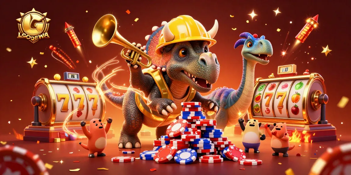 Engage with LGODEWA's vibrant online casino adventure featuring dynamic poker chip construction and festive elements.