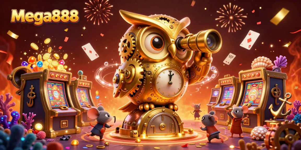 Experience mega888 with slot machines and whimsical characters in a dynamic casino scene.