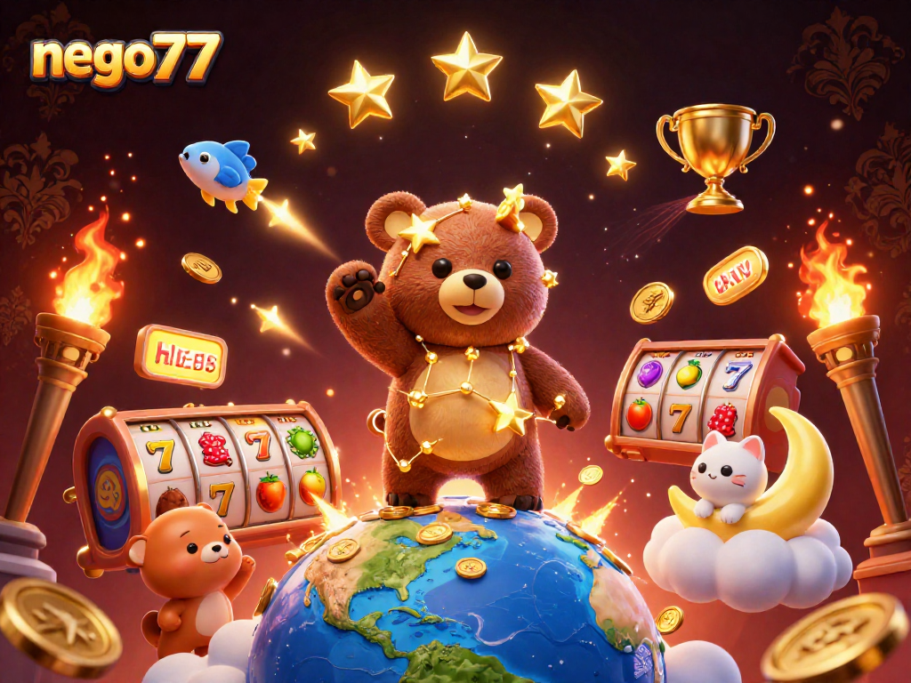 Engage with nego77's golden star-themed promotional casino scene filled with vibrant slot elements.