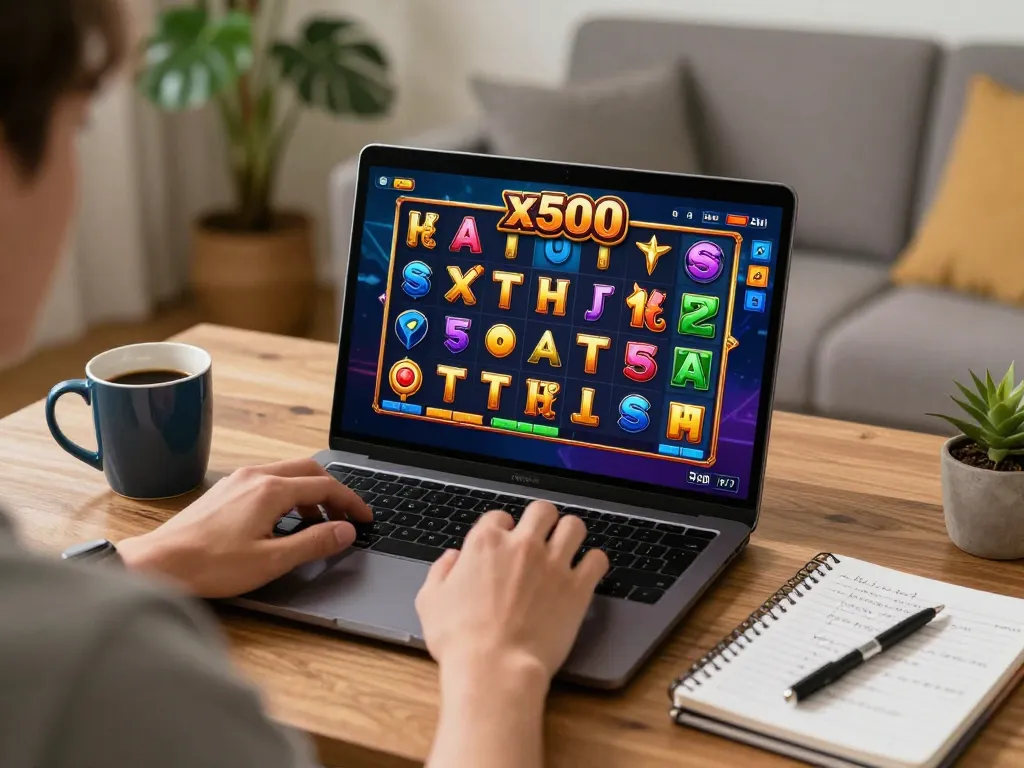 Play Slot x500 on a laptop with strategies at hand, immersed in online gaming action.
