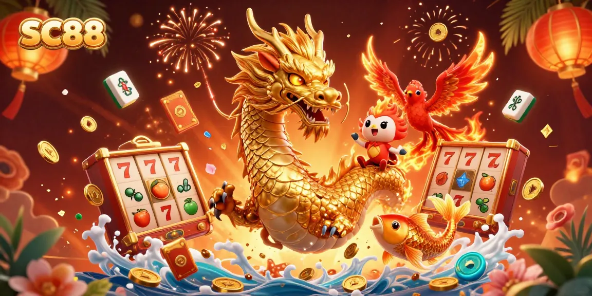 Experience the thrilling world of SC88 with vibrant casino elements and dynamic characters like a dragon and phoenix.