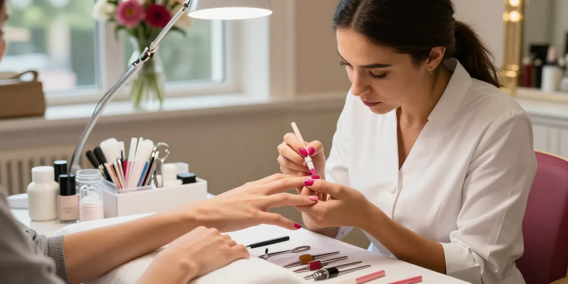 Paradise Nail Beauty services showcasing a technician applying vibrant nails in a elegantly decorated salon.