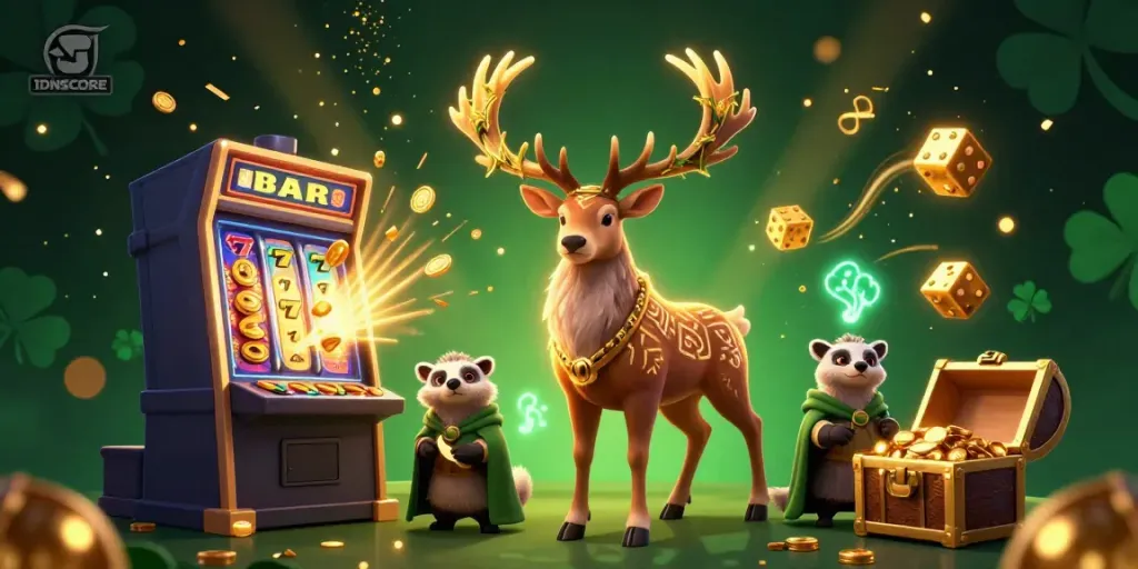 IDNSCORE gamers enjoy exciting slot games amidst a vibrant 3D casino scene.