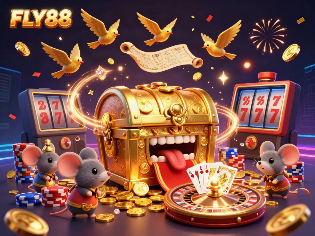 Experience the thrill of FLY88 with vibrant casino elements and dynamic characters in action.