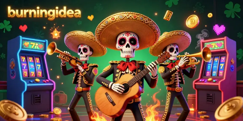 Experience the vibrant casino atmosphere with burningidea, featuring a lively mariachi band amid slot machines and neon game elements.