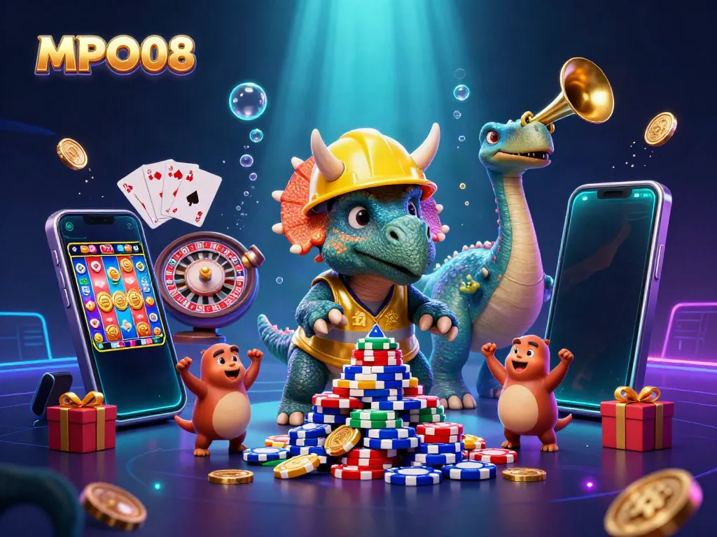 MPO08 showcases a vibrant gaming celebration with a triceratops and parasaurolophus amidst colorful casino elements.