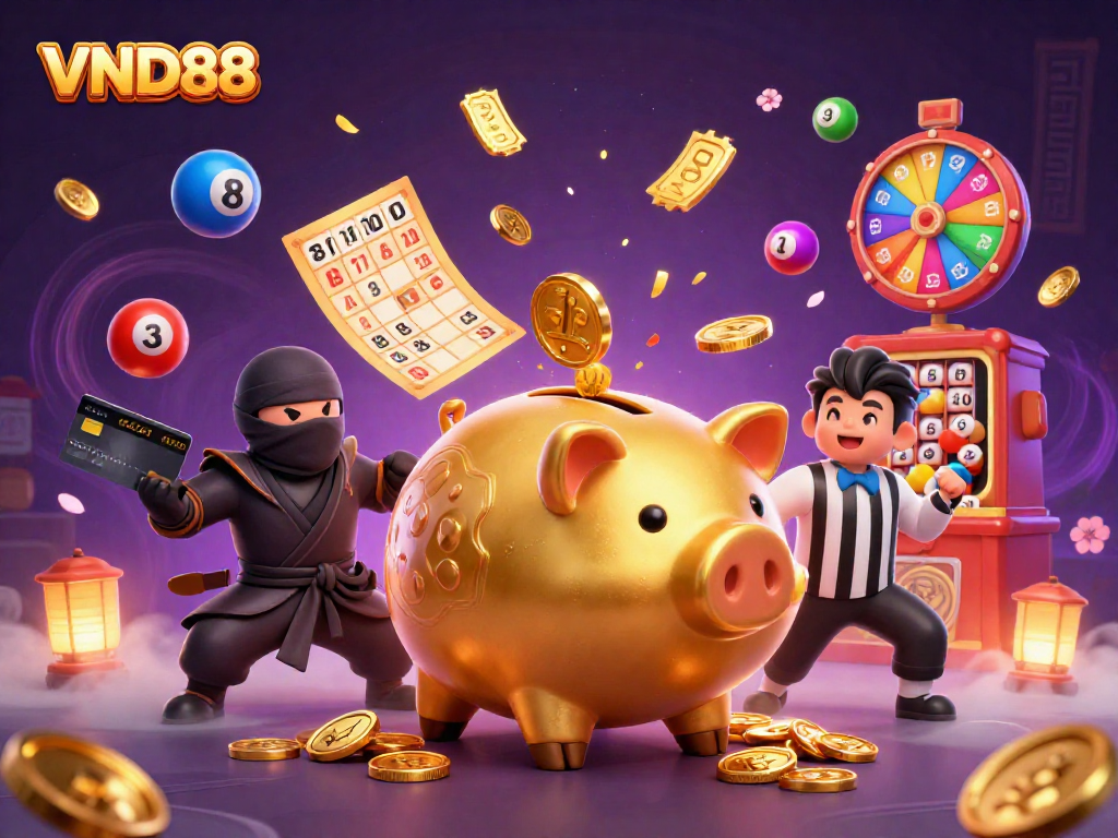 VND88 engages players with an exciting 3D illustration of a piggy bank sumo wrestler and game elements.