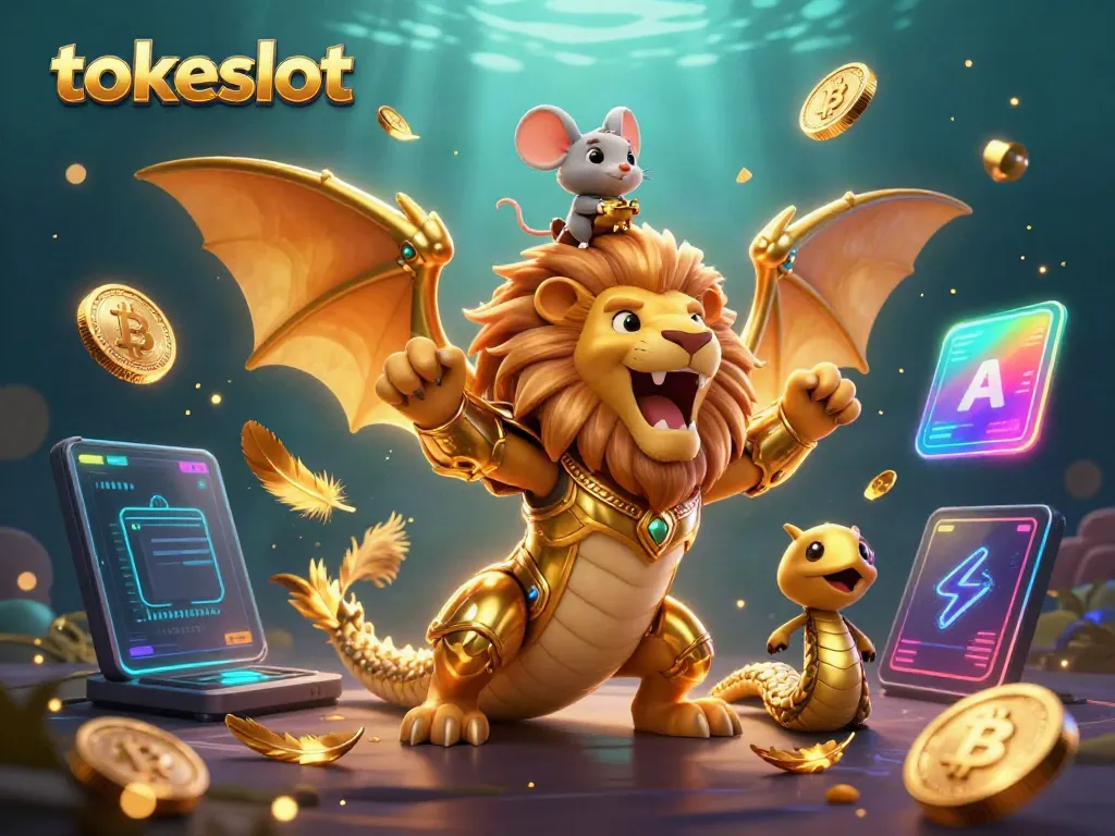 Experience tokeslot gaming with a roaring chimera and neon crypto elements in a vibrant 3D scene.