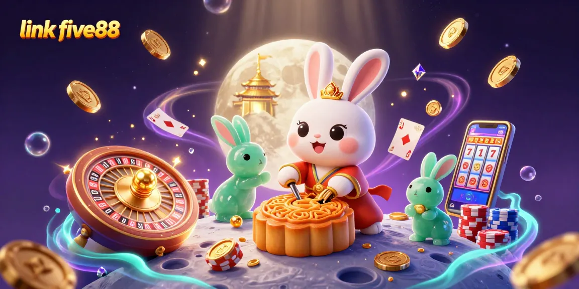 Experience the magic of link five88 with a dynamic casino scene featuring a moon rabbit and poker chips.