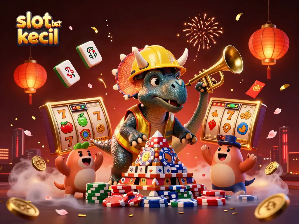 Permainan slot taruhan kecil yang mendebarkan dengan simbol jackpot, karakter kartun, dan dekorasi glamor.