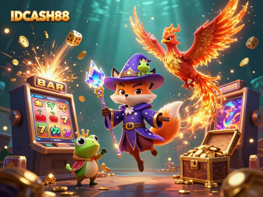 Experience the magical world of IDCASH88 with an enchanting scene of a wizard fox, phoenix, and gaming symbols.