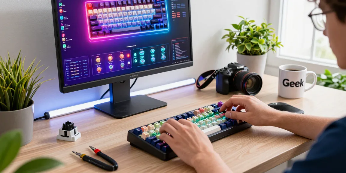 Assembling a custom 60 Keyboard with colorful switches and keycaps in a vibrant workspace