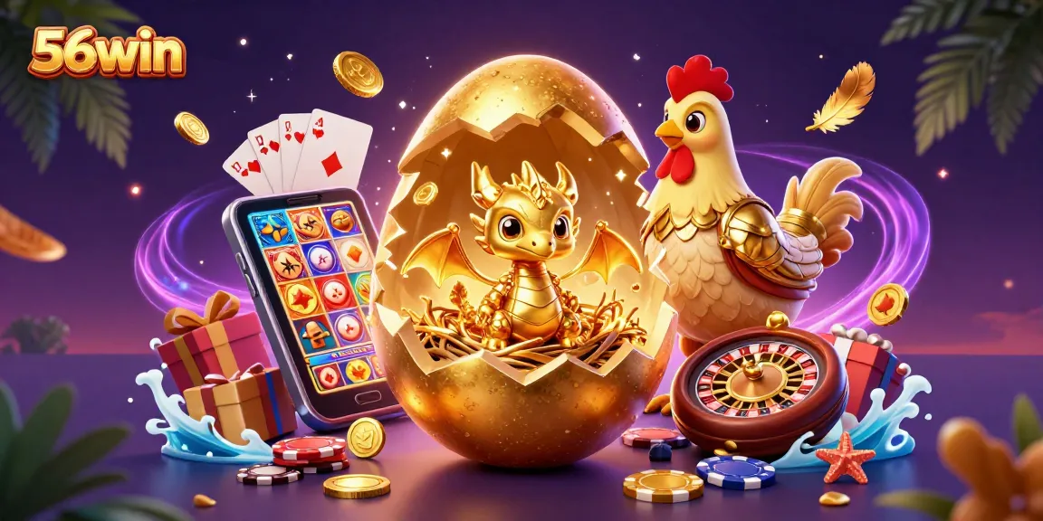 Experience the excitement of 56win with a golden dragon and vibrant casino elements in a thrilling scene.