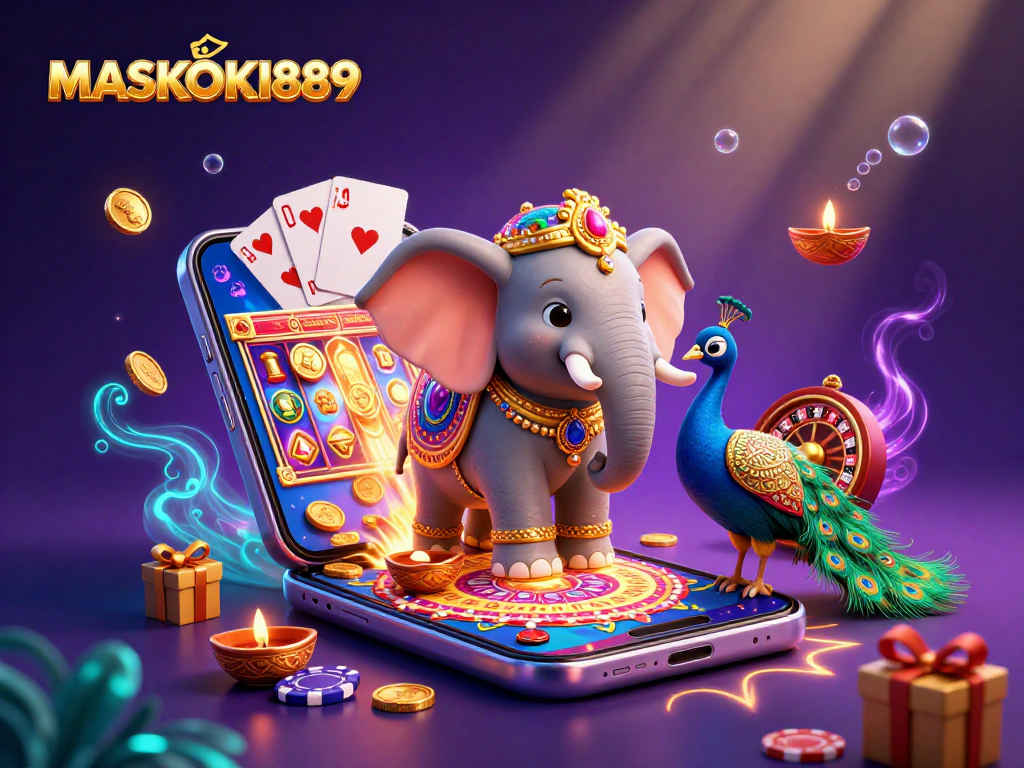 Engage with MASKOKI889's vibrant 3D illustration showcasing a festive casino environment with rich details.