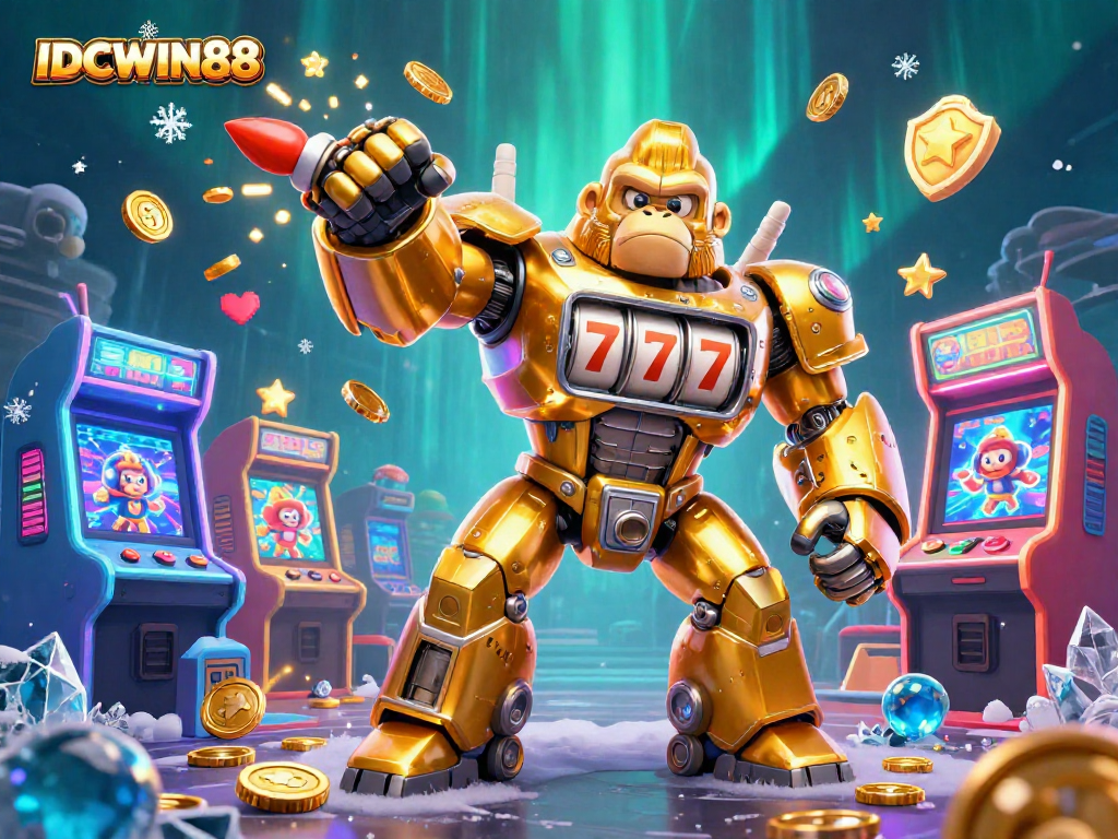 Engage with IDCWIN88's thrilling casino experience through a dynamic 3D illustration showcasing a golden gorilla mech.