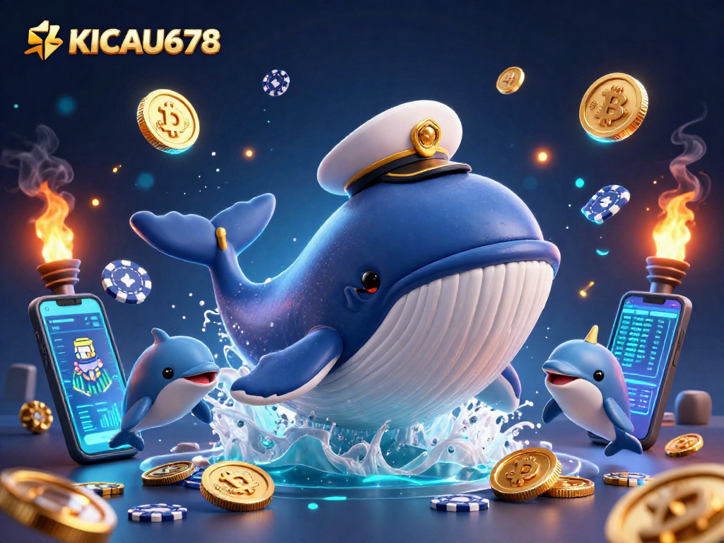 KICAU678 engages players with a captivating scene featuring a whale, narwhal, and dolphins amidst casino elements.