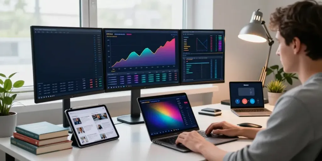 CryptoDenis YouTube trader analyzing cryptocurrency charts in a modern office.