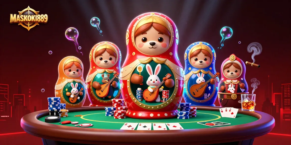 Experience MASKOKI889 with vibrant casino action, featuring 3D bears and poker elements.