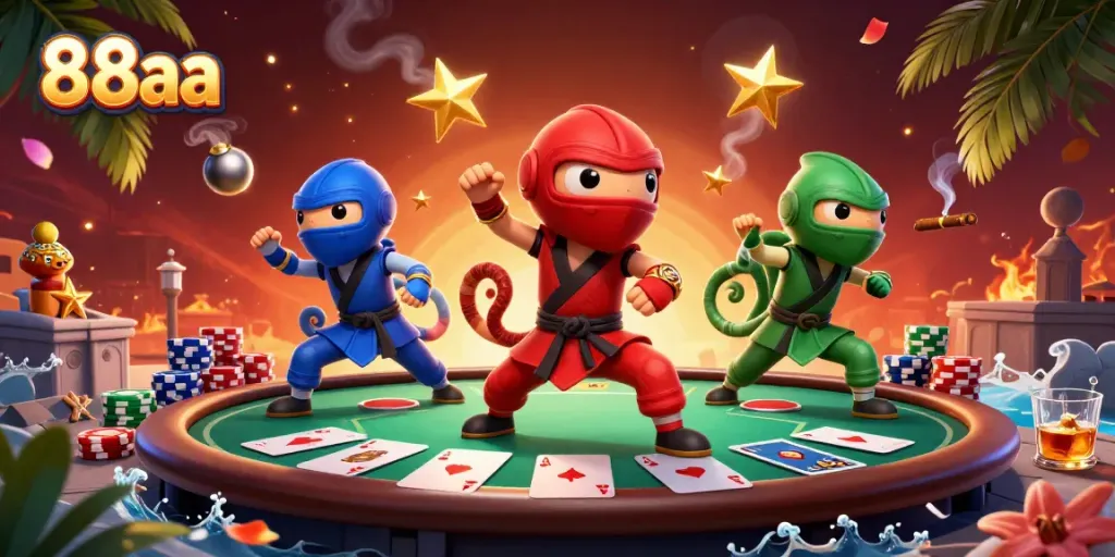 Engage with 88aa's dynamic gaming world featuring chameleons, poker action, and vibrant casino elements.