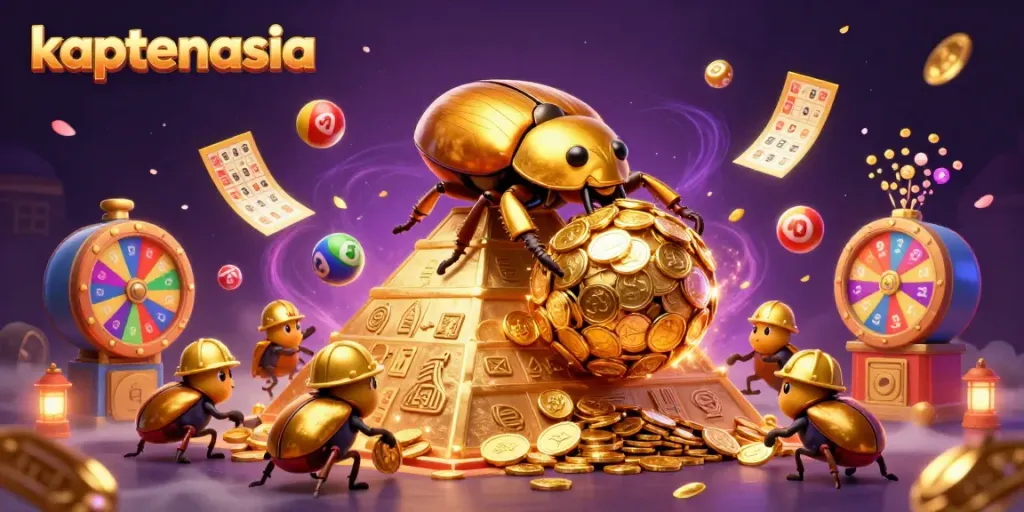 Join the excitement at kaptenasia with a dynamic illustration of a golden dung beetle rolling coins.