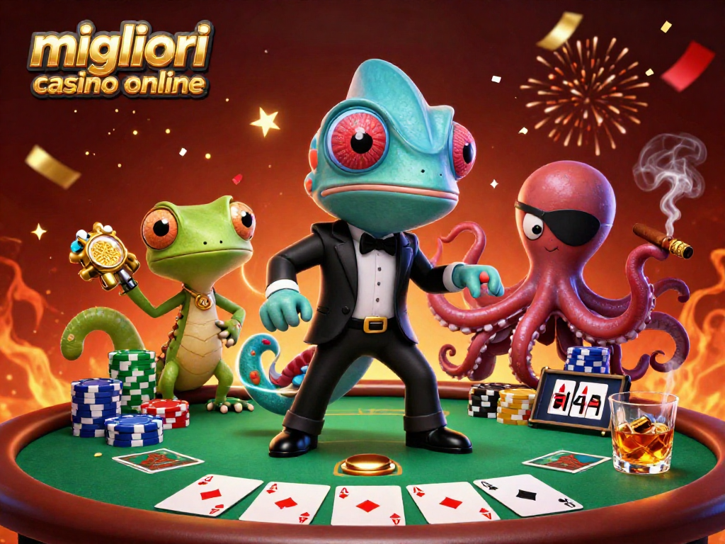 Migliori casino online con agenti 3D che giocano a poker in un ambiente festoso e colorato, evidenziando l'azione e le emozioni del gioco.