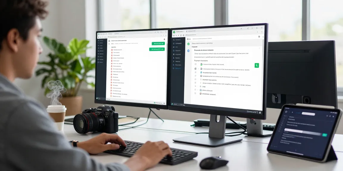 Using WhatsApp網頁版 on desktop, showcasing a vibrant tech workspace with dual screens, potted plants, and an inviting atmosphere.