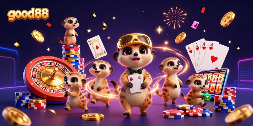 Engage with the exciting atmosphere of good88 as meerkats run a vibrant casino with dynamic games and sparkling rewards.