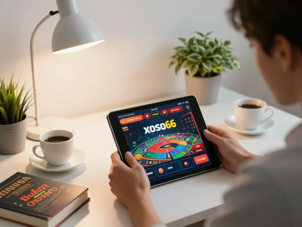xoso66 user engaged in online casino gaming from a cozy home office
