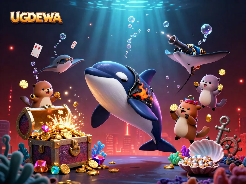 Engage with UGDEWA's exciting gambling scene featuring dynamic underwater elements and vibrant characters.