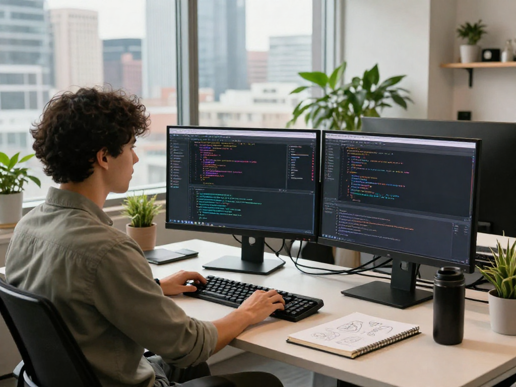 Espacio de trabajo técnico con desarrollador usando Immediate Edge en un entorno moderno y luminoso.