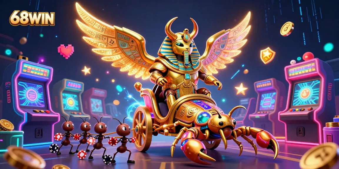 Experience thrilling gaming adventures with 68WIN's dazzling casino illustration featuring a golden scarab and vibrant arcade games.