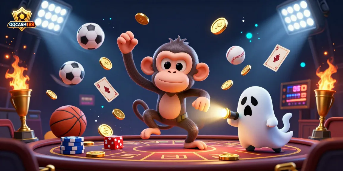 Engage with thrilling gameplay at QQCASH188, featuring a playful poltergeist monkey and ghost-hunter puppy in a lively casino atmosphere.