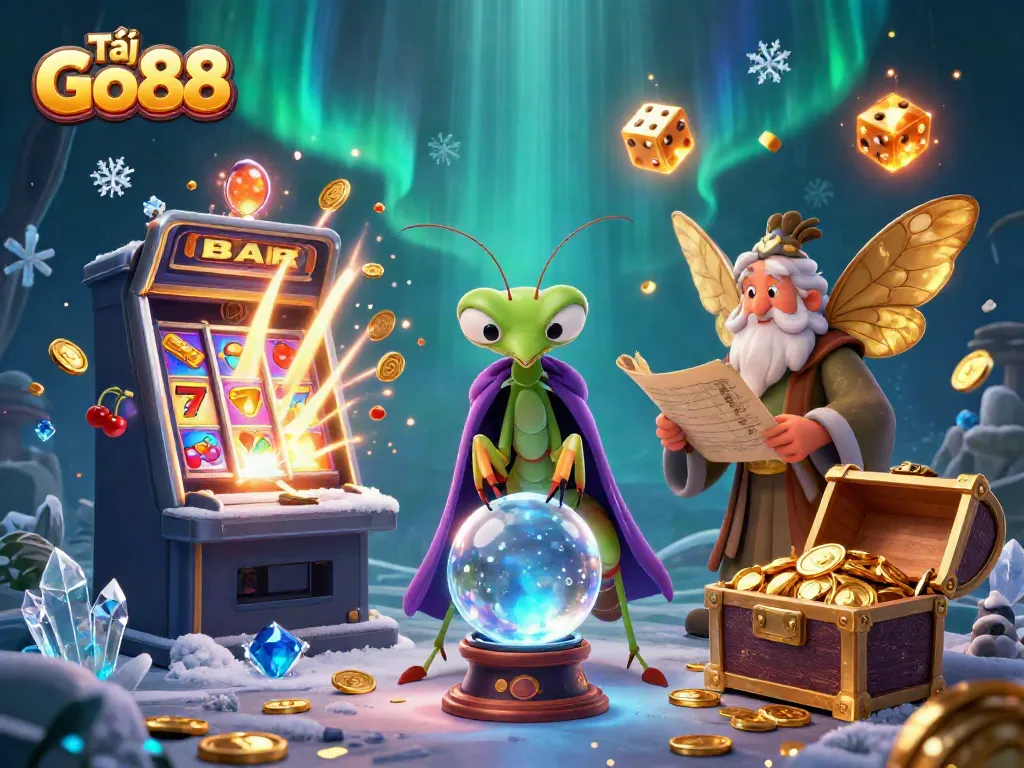 Tải Go88: engaging illustration showcasing a mystical fortune teller and game elements, enticing players.