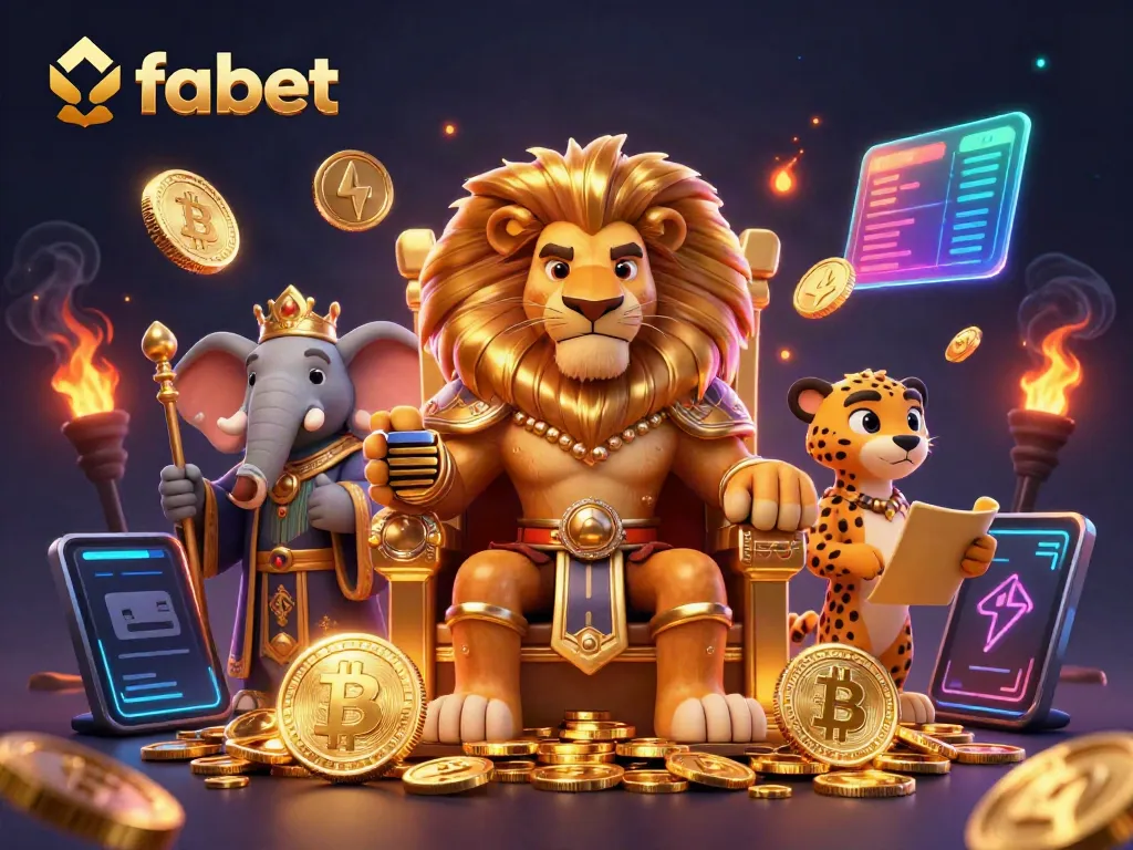 Play winning games at fabet, featuring lion king on a throne with glowing coins amid dynamic casino elements.