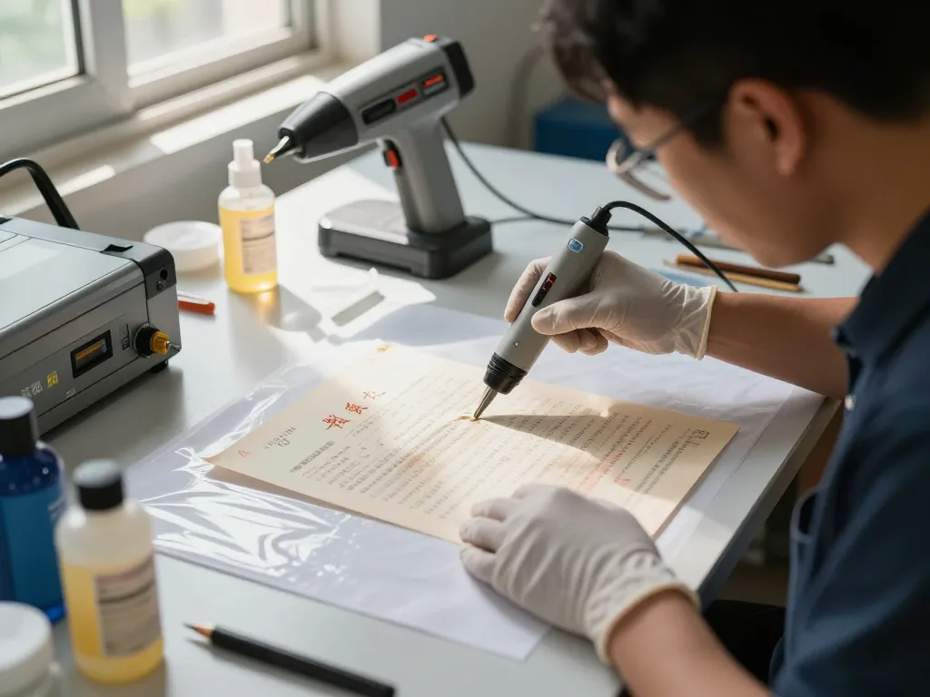 Bóc sổ đỏ ép plastic process in a professional restoration workshop with a focus on care and precision.